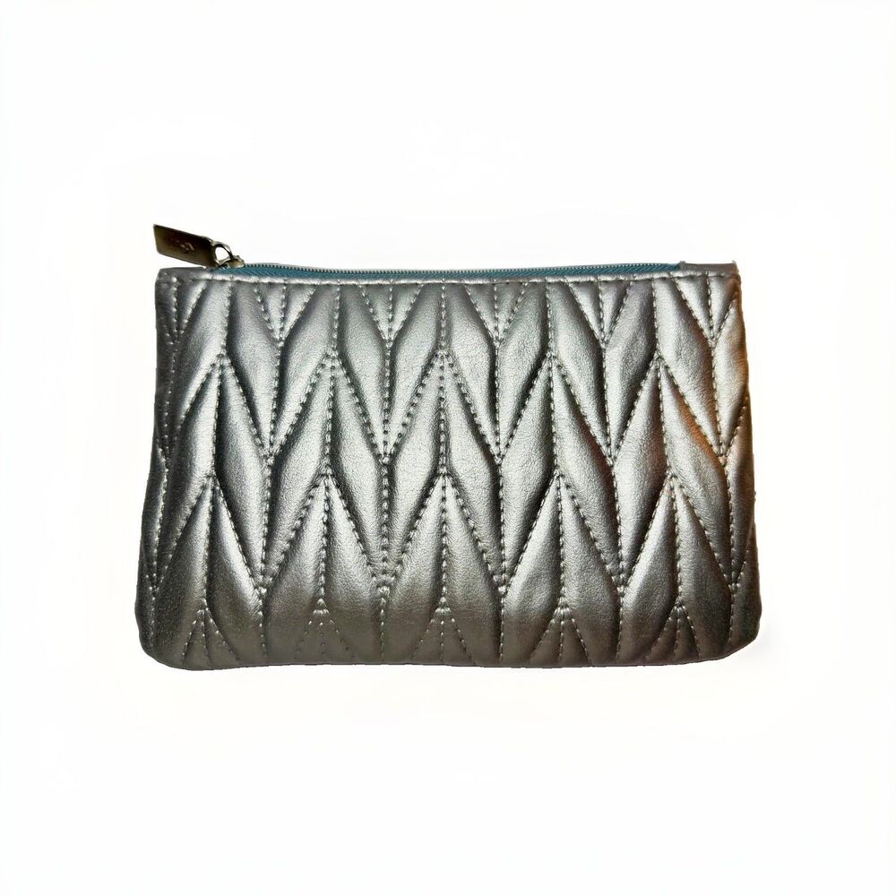Ipsy Silver Quilted Makeup Bag Zip Pouch with Zipper Closure